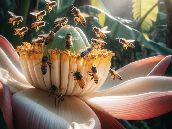 Bees pollinating banana flowers - Importance of pollinators in banana plant pollination
