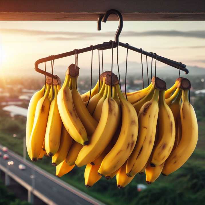 7fe6921d-127c-4fa1-b82b-7218ee94eb8f Bananas on a banana hanger to prevent bruising and browning