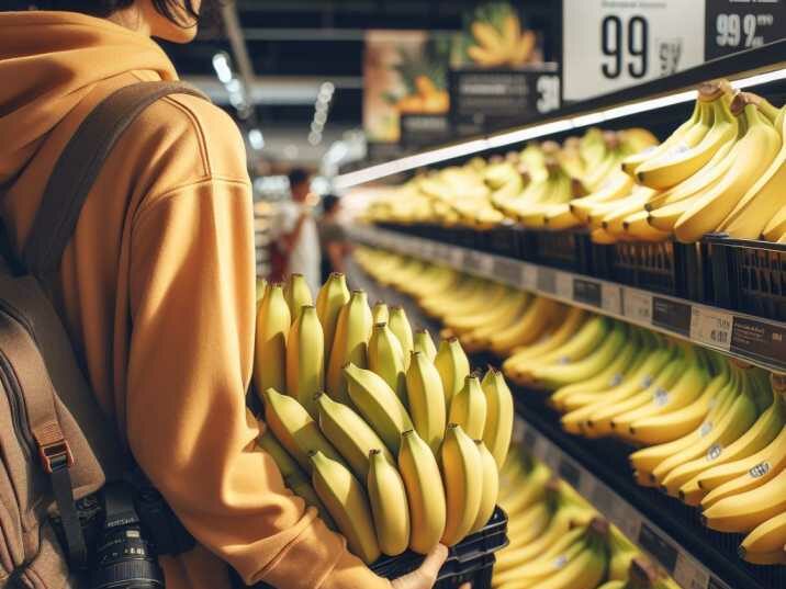 Fresh Cavendish bananas displayed in a supermarket aisle