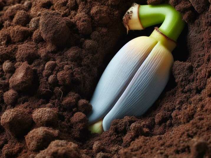 Baby banana partially buried in soil, illustrating soil enrichment process