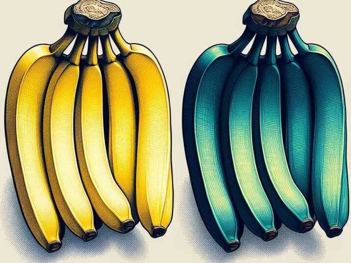 A comparison of ripe and unripe Cavendish bananas, showcasing the differences in color and texture.
