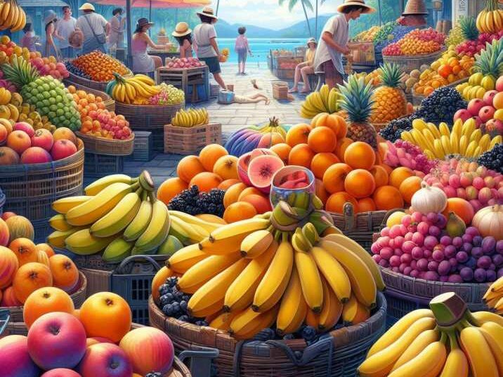 Cavendish bananas in a vibrant market display