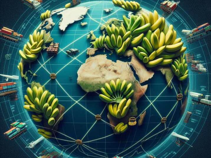 A visualization of global trade routes and agreements impacting the Cavendish banana market.